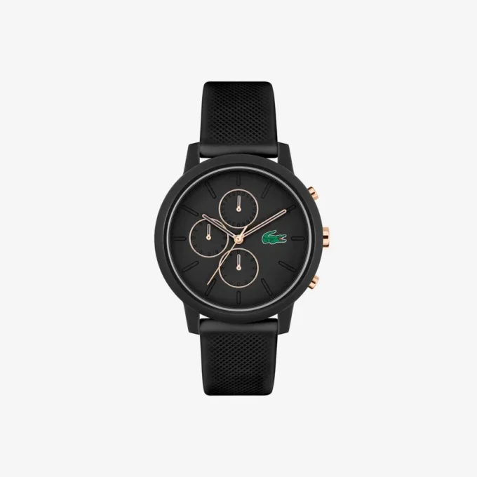 Hodinky Lacoste.12.12 Chrono, černé a karneválově zlaté, silikonové