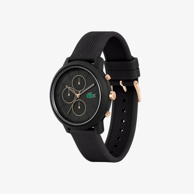 Hodinky Lacoste.12.12 Chrono, černé a karneválově zlaté, silikonové