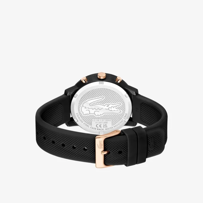 Hodinky Lacoste.12.12 Chrono, černé a karneválově zlaté, silikonové